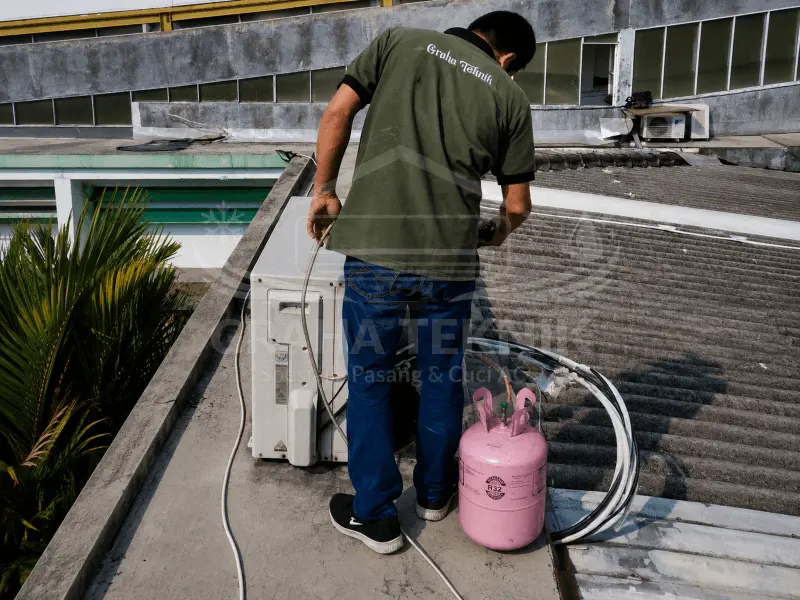Teknisi mengisi freon pada unit outdoor AC - isi freon Sleman